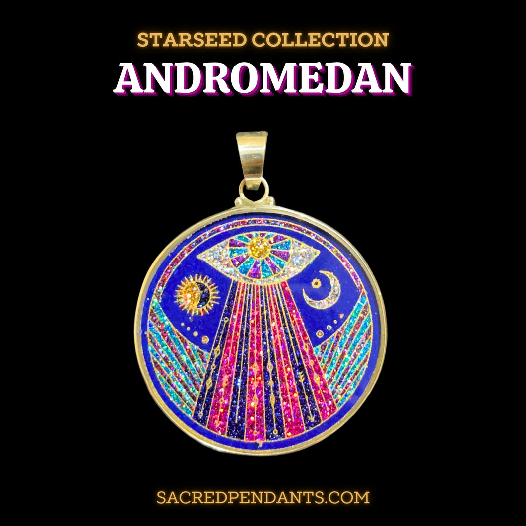 Andromedan Sacred Geometry Pendant in sterling silver, cosmic necklace for spiritual growth and alignment.