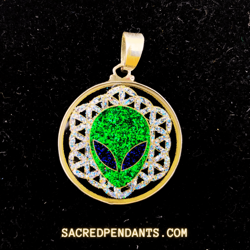 Alien in Flower of Life - Sacred Geometry Gemstone Pendant